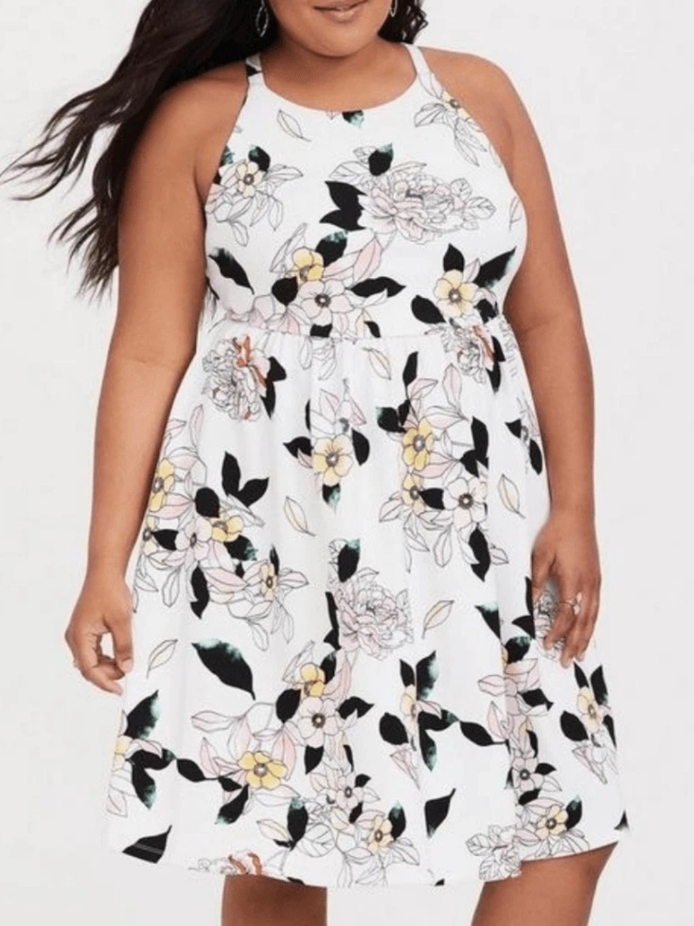 Torrid Sleeveless Floral Halter Midi Dress White, Pink & Yellow Blooms- 0 (12/L)